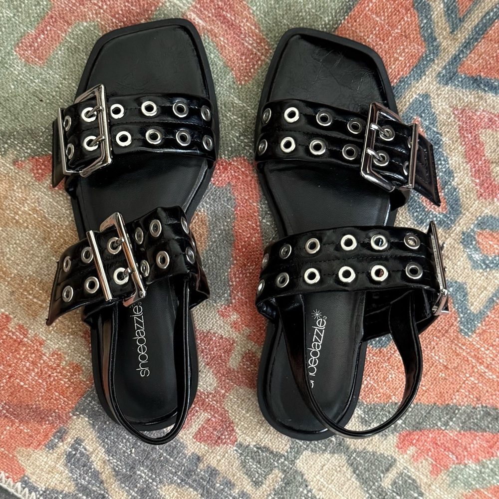 Black Grommet Double-Strap Sandal -